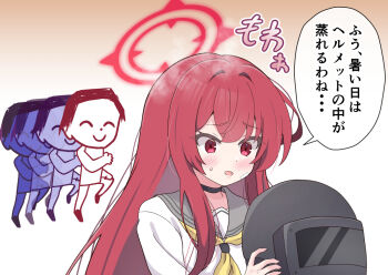 black_helmet blue_archive cyberpunk:_edgerunners cyberpunk_(series) doodle_sensei_(blue_archive) grey_sailor_collar hair_between_eyes halo helmet long_hair looking_at_viewer neckerchief rabu_(blue_archive) red_eyes red_hair red_halo sailor_collar sandevistan sensei_(blue_archive) shirayume_(shirayumetei) shirt shun_goku_satsu speech_bubble white_shirt yellow_neckerchief