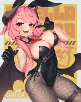1girl animal_ear_hairband animal_ears belt bernina_(stella_sora) black_gloves black_leotard breasts cleavage covered_navel demon_wings detached_collar fake_animal_ears finger_to_cheek fishnet_pantyhose fishnets forward-facing_horns gloves hairband half_gloves highleg highleg_leotard highres horns large_breasts leotard low_twintails low_wings necktie pantyhose pink_eyes pink_hair playboy_bunny rabbit_ear_hairband rabbit_ears red_necktie rotix smile solo stella_sora strapless strapless_leotard thigh_belt thigh_strap twintails wings