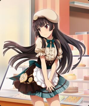 1girl apron beret black_hair blunt_ends blush brown_corset brown_hat brown_shirt buttons cake closed_mouth corset cowboy_shot display_case dot_nose double-breasted flower food game_cg gift_bag green_skirt hat hat_flower indoors juujou_hiyori looking_to_the_side official_art pinstripe_pattern pinstripe_shirt pinstripe_skirt red_eyes rose shirt shop short_sleeves sidelocks skirt skirt_tug solo striped_clothes striped_shirt striped_skirt suspender_skirt suspenders third-party_source toji_no_miko toji_no_miko:_kizamishi_issen_no_tomoshibi underbust vertical-striped_clothes vertical-striped_shirt vertical-striped_skirt waist_apron yellow_flower yellow_rose