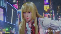 1girl 3d animated bad_tag blonde_hair blue_eyes breasts car chair city close-up dress emilie_de_rochefort fingerless_gloves gloves hot_dog lips long_hair medium_breasts motor_vehicle namco night one_eye_closed police police_car screencap short_sleeves sky sound tekken tekken_8 victory_pose video video_game walking wink