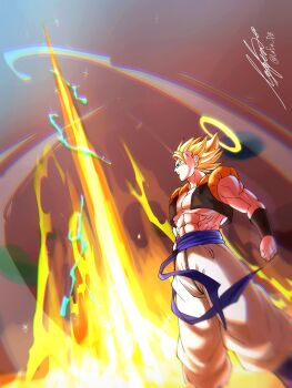 1boy abs aura black_vest blonde_hair blue_sash cropped_vest dragon_ball dragonball_z electricity gogeta green_eyes halo highres lafia_db male_focus medium_hair metamoran_vest muscular muscular_male no_shirt open_clothes open_vest pants sash signature solo spiked_hair standing super_saiyan super_saiyan_1 twitter_username vest white_pants yellow_halo