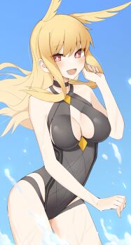 1girl absurdres bare_shoulders black_one-piece_swimsuit blonde_hair blush breasts cleavage cleavage_cutout clothing_cutout fate/grand_order fate_(series) head_wings highleg highleg_one-piece_swimsuit highres kopaka_(karda_nui) large_breasts long_hair looking_at_viewer one-piece_swimsuit open_mouth red_eyes sidelocks smile solo swimsuit thighs thrud_(fate) thrud_(swimsuit_assassin)_(fate) valkyrie_(fate) wings