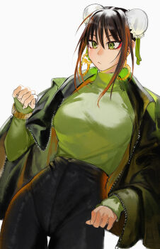 1girl absurdres alternate_costume black_jacket black_pants breasts brown_hair closed_mouth cowboy_shot dutch_angle earrings eyeliner fate/grand_order fate_(series) green_eyes green_sweater hair_between_eyes high-waist_pants highres jacket jewelry kamisato_sora large_breasts long_hair long_sleeves makeup open_clothes open_jacket pants qin_liangyu_(fate) red_eyeliner shirt simple_background sleeves_past_wrists solo sweater watch white_background wristwatch zipper