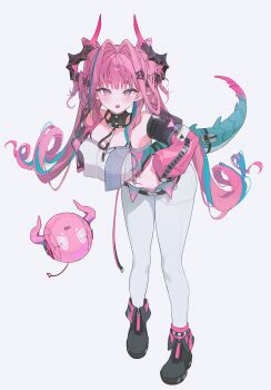 Rule 34 | 1girl, :o, absurdres, arknights, arknights: endfield, belt, black gloves, black horns, black shoes, black sleeves, black tube top, blue eyes, blue streaks, breasts, crop top, detached sleeves, dragon girl, dragon horns, drill hair, fang, full body, gloves, hair intakes, hair ornament, hairclip, hand on own hip, highres, horns, large breasts, long hair, looking at viewer, midriff, multicolored hair, multicolored horns, navel, pants, pink hair, pink horns, pink sleeves, pink socks, pointy ears, shoes, short eyebrows, simple background, smile, socks, solo, strapless, streaked hair, tube top, twin drills, twintails, two-tone horns, white background, white pants, yamiiv, yvonne (arknights)