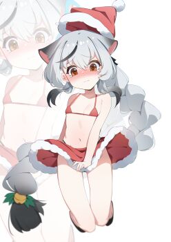 1girl alternate_costume alternate_hairstyle animal_ears aqua_halo bell bikini blue_archive blush braid brown_eyes cocokawa_(cjsj8353) collarbone covering_privates embarrassed flat_chest full-face_blush full_body grey_hair groin hair_bell hair_between_eyes hair_ornament halo hat highres jumping kokona_(blue_archive) loli long_hair looking_at_viewer low-tied_long_hair low_ponytail micro_bikini miniskirt multicolored_hair navel no_panties ponytail red_bikini red_skirt santa_costume santa_hat sidelocks simple_background single_braid skirt solo stomach streaked_hair swimsuit tearing_up tiger_ears tiger_girl two-tone_hair zoom_layer