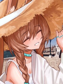 Rule 34 | 1girl, amiya (arknights), animal ear fluff, animal ears, arknights, bare shoulders, blue sky, blush, braid, brown hair, brown hat, closed eyes, collarbone, commentary request, day, dress, ears through headwear, facing viewer, ha (huton in mach), hair between eyes, hand on headwear, hand up, hat, highres, jacket, lamppost, long hair, off shoulder, open clothes, open jacket, outdoors, photo background, ponytail, rabbit ears, sky, sleeveless, sleeveless dress, solo, straw hat, twin braids, water, white dress, white jacket