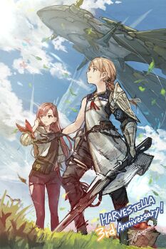 1boy 1girl anniversary aria_(harvestella) black_gloves black_shorts blonde_hair blue_eyes blue_sky cloud commentary_request copyright_name ein_(harvestella) ein_(male)_(harvestella) gloves harvestella holding holding_weapon lab_coat long_hair looking_up official_art outdoors ponytail profile red_eyes red_hair second-party_source shorts sky smile weapon yasushi_hasegawa