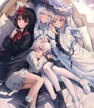 4girls absurdres bead_necklace beads black_hair black_hat black_shirt black_shoes blonde_hair blue_eyes blush bobby_socks bow bowtie commentary_request dress flower flower_trim frilled_dress frilled_hat frilled_sleeves frilled_socks frills hair_bow hair_flower hair_ornament hair_ribbon hand_on_another&#039;s_head hand_on_another&#039;s_shoulder hat hat_flower hat_ornament highres hikami_meruru jewelry lap_pillow leaning_on_person long_hair long_sleeves mahou_shoujo_no_majo_saiban multiple_girls necklace necktie nikaido_hiro pantyhose parted_lips pink_eyes playing_with_own_hair pout purple_eyes red_eyes red_necktie red_sailor_collar ribbon sailor_collar sakuraba_ema shirt shoes short_hair shorts sitting smile socks tsukishiro_yuki veil white_bow white_bowtie white_dress white_hair white_pantyhose white_shirt white_shoes white_shorts white_veil wide_sleeves yuye