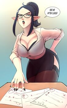 1girl academic_test black_nails black_skirt black_thighhighs blue_bra blue_eyes blue_hair blue_lips bra bra_peek breasts cleavage curvy dark_blue_hair desk english_text frown glasses grey_eyes hand_on_own_ass heterochromia highres large_breasts lilith_clawthorne lipstick looking_at_viewer makeup mature_female mr.jellybeans nail_polish office_lady open_mouth pale_skin paper pencil_skirt pointy_ears ponytail pov school school_desk shirt short_ponytail skirt sleeves_rolled_up solo speech_bubble talking teacher teeth the_owl_house thighhighs thighs underwear white_shirt wide_hips