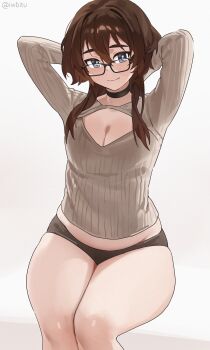 1girl arms_behind_head arms_up artist_name black-framed_eyewear black_choker black_eyes black_panties breasts brown_hair choker cleavage cleavage_cutout clothing_cutout commentary en_(iwbitu) english_commentary glasses gradient_background grey_background hair_between_eyes highres iwbitu long_hair long_sleeves looking_at_viewer medium_breasts no_pants original panties simple_background sitting smile solo twitter_username underwear