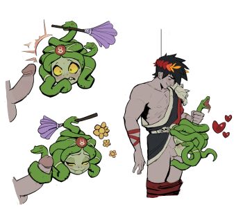 1boy 1girl absurdres amugea black_hair blush disembodied_head duster fang feather_duster fellatio greco-roman_clothes hades_(series) hetero highres laurel_crown long_hair medusa_head monster_girl open_mouth oral short_hair single_bare_shoulder smile snake snake_hair tongue zagreus_(hades)