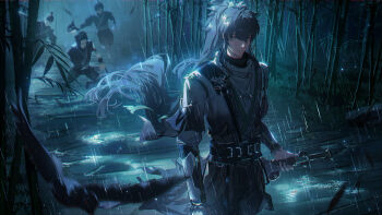 3boys absurdres arm_armor bamboo bamboo_forest black_hair cloak closed_mouth commentary forest grey_eyes hair_ornament hair_stick happypuppy highres holding holding_sword holding_weapon long_hair male_focus multiple_boys nature night outdoors people qiuyuan_(wuthering_waves) rain solo solo_focus sword weapon white_cloak wuthering_waves