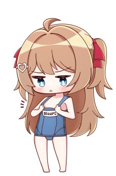 Rule 34 | 1girl, absurdres, ahoge, barefoot, blue eyes, blue one-piece swimsuit, brown hair, chibi, chibi only, commentary, english commentary, full body, hair ornament, hair ribbon, heart, heart hair ornament, highres, long hair, neoriaquin, neuro-sama, one-piece swimsuit, open mouth, pulling own clothes, red ribbon, ribbon, solo, swimsuit, two side up, vedal ai, virtual youtuber