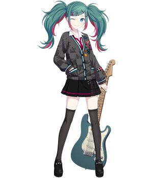 1girl ;) aqua_hair aqua_nails black_shoes black_skirt black_thighhighs buttons cardigan checkered_cardigan checkered_clothes closed_mouth collared_shirt colorful_palette dot_nose electric_guitar fender_stratocaster fingernails flat_chest full_body game_asset gradient_hair green_hair grey_cardigan guitar hair_ornament hairclip hand_in_pocket hatsune_miku highres holding holding_instrument instrument leo/need_miku light_blush long_hair long_sleeves looking_at_viewer multicolored_hair musical_note nail_polish necktie official_art one_eye_closed open_collar parallel_hairclips pink_hair pink_necktie pink_streaks pink_trim pleated_skirt project_sekai safety_pin school_uniform shirt shoes sidelocks skirt smile solo split_mouth standing star_(symbol) streaked_hair swept_bangs tachi-e thighhighs third-party_source transparent_background twintails vocaloid wavy_hair white_shirt x_hair_ornament zettai_ryouiki