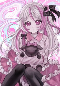 1girl baby_animal black_pantyhose bow collared_shirt commission eyelashes frilled_skirt frills hair_bow highres lamb long_hair looking_at_viewer low-tied_sidelock original pale_skin pantyhose pink_eyes pink_hair sheep shirt sitting skeb_commission skirt solo usagimarumei very_long_hair white_hair