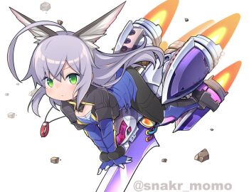 1other animal_ear_fluff animal_ears black_pants blaster_master_zero blaster_master_zero_3 blue_shirt green_eyes grey_hair jewelry leibniz_(blaster_master) long_hair pants pendant sano_akira shirt simple_background solo white_background