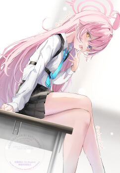 1girl ahoge black_skirt blue_archive blue_eyes blue_necktie commentary_request crossed_legs halo heterochromia highres hoshino_(blue_archive) long_sleeves looking_at_viewer natuna_natu necktie on_table pink_halo plaid_clothes plaid_skirt shirt sitting skirt solo table thighs twitter_username white_shirt yellow_eyes