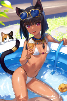 1girl ancient_egyptian_clothes animal_ear_fluff animal_ears bare_arms bare_legs bare_shoulders bikini black_hair blunt_bangs bracelet braid breasts cat cat_ears cat_girl cat_tail collarbone dark-skinned_female dark_skin dot_nose eating expressionless eyewear_on_head feet_out_of_frame food hair_between_eyes holding holding_food hose ice_cream jewelry kawakami_rokkaku looking_at_viewer midriff navel nejet_(kawakami_rokkaku) open_mouth original outdoors partially_submerged red_eyes rubber_duck short_hair sitting small_breasts smile soft_serve solo sunglasses swimsuit tail tail_ornament tail_ring teeth tongue tongue_out tsurime twin_braids upper_teeth_only usekh_collar wading_pool water wet white_bikini yokozuwari