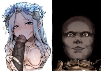 1boy 1girl armor bald blue_eyes blue_flower blue_hair blush braid breasts closed_mouth dark-skinned_male dark_skin doll_joints doppel_(bonnypir) elden_ring elden_ring_nightreign executor_(elden_ring) fellatio flower flower_wreath head_wreath heart hetero highres interracial joints long_hair no_nipples oral orange_eyes penis revenant_(elden_ring) side_braids simple_background small_breasts spoken_heart staring two-tone_background uncensored upper_body veins veiny_penis