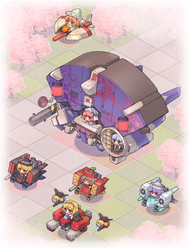 6+girls alice_margatroid blonde_hair blue_eyes blue_hair blush brown_hair chibi dendrobium_schema closed_eyes female_focus gundam gundam_0083 gundam_gp-03_stamen hairband hat hourai_doll isometric konpaku_youmu kooribata lily_white lunasa_prismriver lyrica_prismriver mecha mecha_musume merlin_prismriver multiple_girls pink_eyes pink_hair road_sign robot saigyouji_yuyuko saigyouji_yuyuko&#039;s_fan_design sankuma shanghai_doll short_hair sign smile touhou triangular_headpiece visor yellow_eyes