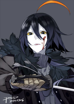 1boy black_eyes black_hair black_jacket blood blood_on_face commentary_request demon_boy funamusea haiiro_teien holding holding_sword holding_weapon jacket long_hair looking_at_viewer low-tied_long_hair psd_(psdgai) rouri_(funamusea) sword weapon