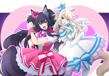 2girls animal_ear_fluff animal_ears arched_crown black_hair blonde_hair blue_choker blue_crown breasts cat_ears cat_girl cat_tail choker commentary_request cosplay crown cure_nyammy cure_nyammy_(cosplay) cure_wonderful cure_wonderful_(cosplay) delta_(kagejitsu) dress facial_mark frilled_arm_warmers hair_between_eyes highres kage_no_jitsuryokusha_ni_naritakute! kazusahitomi13 large_breasts long_hair mini_crown multiple_girls open_mouth pink_crown pink_dress pink_wrist_cuffs pointed_crown precure purple_eyes tail very_long_hair whisker_markings white_arm_warmers white_dress wolf_ears wolf_girl wolf_tail wonderful_precure! wrist_cuffs zeta_(kagejitsu)