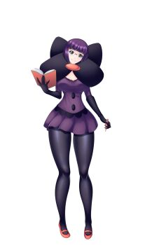 1girl absurdres anthos6400 blunt_bangs bob_cut book bow breasts cleavage elbow_gloves glasses gloves highres holding holding_book holding_pen large_bow large_breasts low-cut medium_breasts neck_pillow nintendo pantyhose pen pokemon pokemon_bw purple_eyes purple_hair purple_skirt rimless_eyewear round_eyewear shauntal_(pokemon) short_hair skirt smile thick_thighs thighs