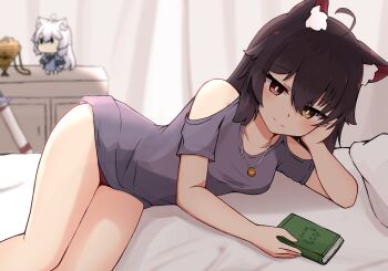 1girl animal_ear_fluff animal_ears bare_shoulders bed black_hair blurry blurry_background blush book brown_eyes character_doll closed_mouth clothing_cutout commentary_request curtains depth_of_field doll grey_shirt heterochromia highres indoors nyaha on_bed original panties pillow red_eyes red_panties shirt short_sleeves shoulder_cutout smile solo sunlight underwear