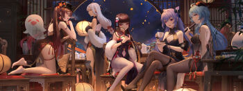 5girls :d absurdres alternate_costume ass bare_legs bare_shoulders barefoot black_dress black_footwear black_headwear black_nails blue_eyes blue_hair blunt_bangs blush boo_tao_(genshin_impact) bracelet braid breasts brown_hair brown_pantyhose chai_(drawingchisanne) china_dress chinese_clothes cleavage_cutout closed_mouth clothing_cutout cone_hair_bun crossed_legs cup dress eyeshadow flower flower-shaped_pupils flower_knot folded_fan folding_fan from_behind fur_shawl ganyu_(genshin_impact) genshin_impact ghost gradient_hair grey_hair hair_bun hand_fan hat hat_flower high_heels highres holding holding_cup holding_fan holding_saucer horns hu_tao_(genshin_impact) indoors jewelry keqing_(genshin_impact) kneeling lantern large_breasts leash lipstick long_hair looking_at_viewer looking_back low-tied_long_hair makeup medium_breasts multicolored_hair multiple_girls nail_polish navel navel_cutout night open_mouth pantyhose paper_lantern parted_lips pillow pink_eyes purple_hair red_eyes red_flower red_hair red_ribbon ribbon saucer scroll shawl shenhe_(genshin_impact) shoe_dangle single_braid sitting skindentation sky sky_lantern sleeveless sleeveless_dress smile standing star_(sky) starry_sky symbol-shaped_pupils thigh_strap thighband_pantyhose toenail_polish toenails tuanshan twintails vase very_long_hair viewer_holding_leash white_pantyhose window xiaoshan_jiang yun_jin_(genshin_impact)