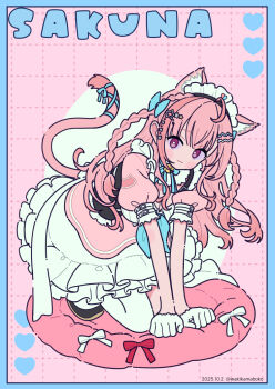1girl :3 animal_ears bell black_shoes blue_border blue_bow border bow braid cat_ears cat_girl cat_tail character_name closed_mouth commentary dated dotted_line dress frilled_skirt frills full_body gloves grid_background half_gloves heart highres indie_virtual_youtuber jingle_bell long_hair looking_at_viewer maid maid_headdress neck_bell neki_(wakiko) pantyhose pink_background pink_dress pink_hair puffy_short_sleeves puffy_sleeves purple_eyes shoes short_sleeves single_leg_pantyhose skirt solo tail twin_braids twitter_username two_side_up very_long_hair virtual_youtuber white_gloves white_pantyhose white_skirt yuuki_sakuna