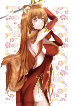 1girl arms_up ass backless_dress backless_outfit blush border breasts brown_hair commentary commentary_request cowboy_shot detached_sleeves dress english_commentary floral_background from_side hair_between_eyes highres holding holding_sword holding_weapon kuroshiro030 large_breasts long_hair long_sleeves looking_at_viewer looking_to_the_side mixed-language_commentary no_panties outside_border parted_lips pink_background pink_eyes raccoon_girl raccoon_tail raphtalia red_dress solo straight_hair strapless strapless_dress sword tail tate_no_yuusha_no_nariagari weapon white_border