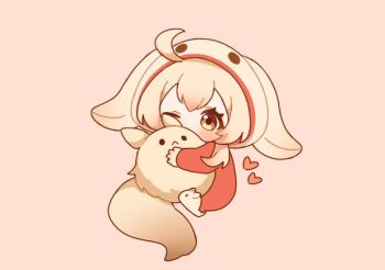 Rule 34 | 1girl, ahoge, blonde hair, blush, chibi, chibi only, commentary request, dodoco (genshin impact), full body, genshin impact, hair between eyes, heart, holding, klee (genshin impact), kurumi dangoo, looking at viewer, one eye closed, red eyes, slippers, solo