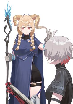 2girls ai_limit arrisa bei_chelun_de_daquan_yangcong_anakin blue_cloak braid cloak curled_horns grey_hair highres holding holding_staff horns low_twin_braids mechanical_arms mechanical_hands millaire multiple_girls pout single_mechanical_arm single_mechanical_hand staff twin_braids yellow_horns