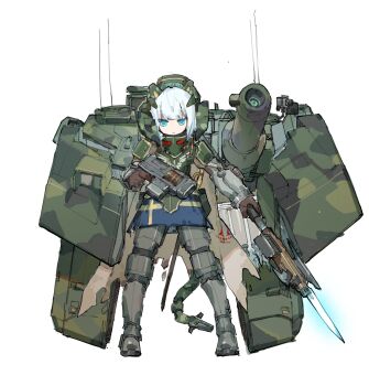 absurdres animal_ears armor blue_eyes bolter cannon cape energy_sword fake_animal_ears frider highres mecha_musume mechanical_tail original power_armor strv_122_(personification) swedish_flag sword tail torn_cape torn_clothes war_thunder warhammer_40k weapon white_hair