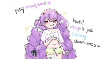 1girl animal_ears bandaid blush bow braid clothes_lift collarbone cow_ears cow_tail english_text grin heart highres horns loli long_hair looking_at_viewer mesugaki mini_moo mole moomin muu_muyu muu_muyu_(artist) navel off-shoulder_shirt off_shoulder phase_connect pink_eyes purple_hair shirt shirt_lift short_shorts shorts sleeve smile tail uohhhhhhhhh!_(meme) very_long_hair virtual_youtuber white_background