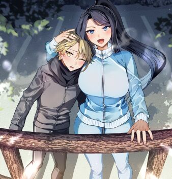 1boy 1girl :d arms_at_sides asuma_mitsuya_(yunamaro) black_hair black_pants black_sleeves black_track_suit blonde_hair blue_eyes blue_pants blue_sleeves blue_track_suit blush breasts collar feet_out_of_frame from_above hand_on_another's_head hand_on_railing highres large_breasts leaf leaning_on_person leaning_to_the_side long_hair long_sleeves open_mouth original outdoors pants ponytail short_hair smile standing track_suit very_long_hair yaotome_tsuyako_(yunamaro) yunamaro zipper