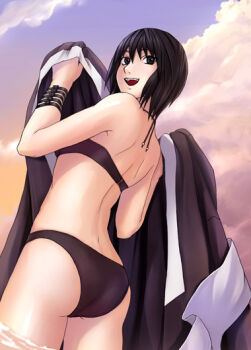 Rule 34 | 1girl, :d, ass, back, bikini, black bikini, black eyes, black hair, cloud, female focus, from behind, from below, happy, looking back, naruto (classic), naruto (series), open mouth, shizune (naruto), short hair, sky, smile, solo, swimsuit, tk (tk's level4), wading, water