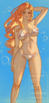 1girl arm_behind_head bare_shoulders bikini bleach blue_eyes collarbone commission english_text female_focus lips long_hair looking_at_viewer matsumoto_rangiku mole mole_under_mouth navel orange_hair smile solo solo_focus standing stomach swimsuit wei_(promise_0820)