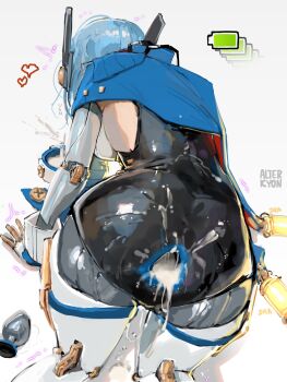 1girl after_anal all_fours alterkyon anus ass battery_indicator blue_hair butt_plug commentary condom_suit cum cum_in_ass cum_in_container cum_in_headwear gaping genshin_impact heart highres ineffa_(genshin_impact) internal_condom mechanical_arms mechanical_legs sex_toy solo symbol-only_commentary