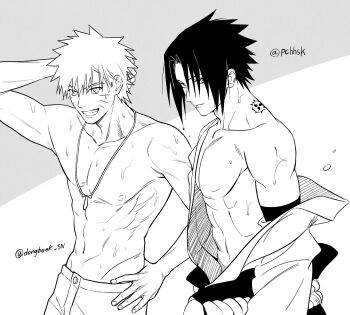 Rule 34 | 2boys, closed mouth, commentary, facial mark, greyscale, hand on own head, hand on own hip, highres, jewelry, korean commentary, male focus, monochrome, multiple boys, naruto (series), naruto shippuuden, neck tattoo, necklace, nipples, parted bangs, pchhsk, short hair, tattoo, teeth, toned, toned male, topless male, uchiha sasuke, upper body, uzumaki naruto, wet, whisker markings