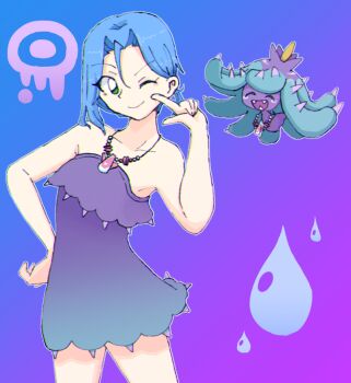 Rule 34 | 1boy, alternate costume, blue background, blue hair, commentary request, crossdressing, crossdressing (mtf), dress, fangs, gen 7 pokemon, gradient background, green eyes, james (pokemon), jewelry, looking at viewer, mareanie, necklace, nintendo, one eye closed, open mouth, pokemon, pokemon (anime), pokemon (creature), pokemon sm (anime), purple background, purple dress, short hair, sleeveless, sleeveless dress, spikes, two-tone background, yunomi692