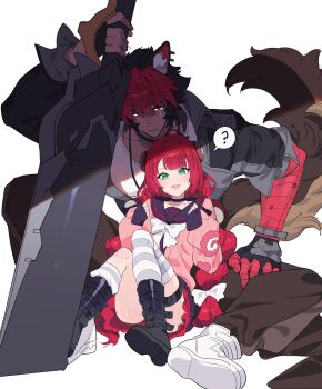 1boy 1girl ? animal_ear_fluff animal_ears bandaged_arm bandages black_boots black_choker black_gloves black_hair black_sailor_collar blush boots bow braid cardigan choker closed_mouth doseisanbl fingerless_gloves gloves green_eyes hair_between_eyes hair_bow highres holding holding_weapon komano_manato long_hair long_sleeves looking_at_viewer multicolored_hair open_mouth pants pink_cardigan red_eyes red_hair sailor_collar scar scar_across_eye scar_on_face shirt simple_background single_thighhigh sitting spoken_question_mark striped_clothes striped_thighhighs tail thighhighs twin_braids ukinami_yuzuha weapon white_background white_boots white_bow white_shirt zenless_zone_zero