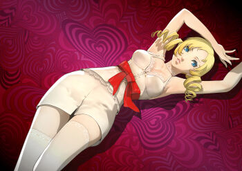 1girl 3d absurdres atlus blonde_hair blue_eyes bow catherine_(atlus_character) catherine_(game) drill_hair highres huge_filesize key_visual lying non-web_source official_art on_back promotional_art soejima_shigenori thighhighs twintails waist_bow white_thighhighs zettai_ryouiki