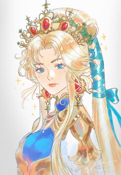 1girl blonde_hair blue_eyes breasts closed_mouth commentary crown eyelashes fire_emblem fire_emblem:_mystery_of_the_emblem gem hair_tubes highres large_breasts long_hair looking_at_viewer melia_art nintendo nyna_(fire_emblem) queen red_gemstone red_lips simple_background solo sparkle upper_body white_background