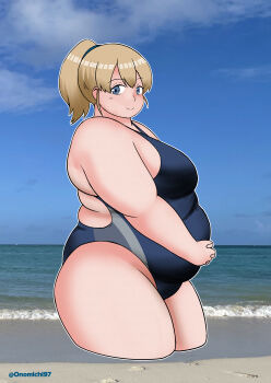 1girl beach belly big_belly blonde_hair blue_eyes blue_one-piece_swimsuit breasts competition_swimsuit fat fat_rolls fat_woman from_side hair_tie hands_on_own_stomach kantai_collection medium_breasts medium_hair ocean one-piece_swimsuit onomichi onomichi_(528959) own_hands_clasped photo_background ponytail sky smile solo standing swimsuit thick_arms thick_thighs thighs twitter_username wasp_(kancolle)