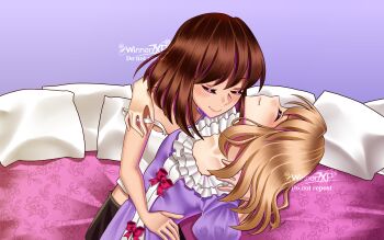 2girls absurdres alternate_costume artist_name black_skirt blonde_hair blush bow brown_hair closed_eyes closed_mouth clothing_request collarbone commentary dateless_bar_"old_adam" dress dress_bow floral_print frilled_dress frills hand_on_another's_shoulder hand_on_another's_waist highres hug kiss_meter_(meme) maribel_hearn medium_hair meme multiple_girls no_headwear on_bed pillow puffy_sleeves red_bow shirt short_hair skirt smile textless_version touhou usami_renko white_shirt winner7xp yuri