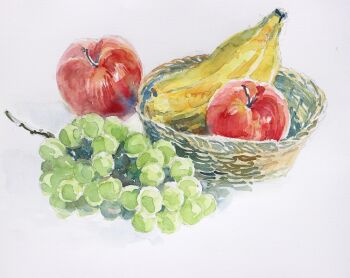 Rule 34 | annoniwa, apple, banana, basket, commentary request, food, food focus, fruit, grapes, no humans, original, painting (medium), simple background, still life, traditional media, watercolor (medium), white background