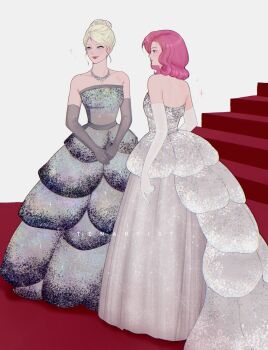 2girls back blonde_hair blue_eyes commentary curly_ends diamond_necklace dress elbow_gloves english_commentary festoon_(necklace) glitter_dress gloves gown gradient_clothes gradient_dress grey_dress grey_gloves hair_bun haruno_sakura highres jewelry layered_dress light_smile long_dress looking_to_the_side medium_hair met_gala multiple_girls naruto_(series) necklace own_hands_together pearl_necklace pink_hair profile red_carpet silver_necklace single_hair_bun sleeveless sleeveless_dress sparkle standing strapless strapless_dress swept_bangs tenartistt wavy_hair white_background white_dress white_gloves yamanaka_ino