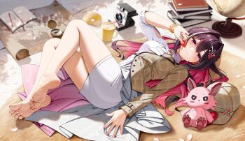 1girl ascot ass asymmetrical_dress asymmetrical_sleeves azki_(4th_costume)_(hololive) azki_(hololive) bare_legs barefoot baseball_cap black_hair blurry book book_stack bracelet braid breasts brown_dress casino_(casinoep) collared_dress colored_inner_hair compass cup depth_of_field double-parted_bangs dress feet fingernails flower_hairpin full_body globe hair_intakes half_up_half_down_braid hand_on_own_face hat highres hololive jewelry legs long_hair long_sleeves looking_at_viewer lying map mat mismatched_sleeves mole mole_under_eye mug multicolored_hair notebook on_back paid_reward_available pen pencil_skirt pile_of_books pink_hair pink_nails pioneer_(azki) plaid_clothes plaid_dress plaid_hat polaroid_camera purple_eyes revision shell showgirl_skirt skirt soles solo three-quarter_sleeves toenails toes two-tone_dress two-tone_hair virtual_youtuber white_ascot white_dress