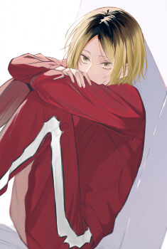 Rule 34 | 1boy, absurdres, arms on knees, black hair, blonde hair, chun lz, commentary request, haikyuu!!, highres, jacket, knees up, kozume kenma, legs folded, male focus, multicolored hair, pants, red track suit, roots (hair), short hair, sitting, slit pupils, solo, track jacket, track pants, track suit, two-tone hair, yellow eyes